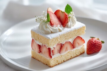 A delicious slice of strawberry cake on a pristine white plate, a tempting treat. The cake features layers of fluffy sponge, fresh strawberries, and creamy frosting, a true dessert delight.