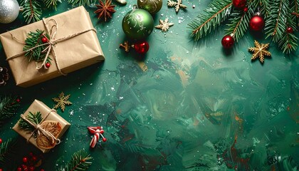 Christmas ornaments  with gift boxes on green background.