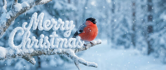 Merry Christmas scene with a vibrant bird perched on a snow-covered branch in a serene winter landscape with falling snowflakes