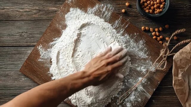 Closeup of hands measuring chickpea flour from a paper bag on a wooden surface highlighting organic glutenfree baking ingredients.