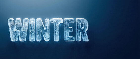 3D typography of the word "Winter" in translucent matte ice against a sleek blue background with copy space