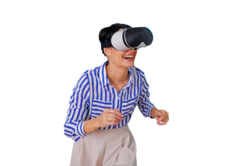 Woman laughing excitedly exploring virtual reality experience and metaverse gaming, transparent background