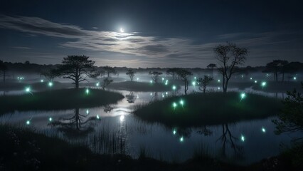 Ethereal swamp landscape at night illuminated by mysterious glowing orbs under a crescent moon sky