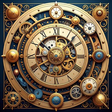 Intricate clock face with gears, golden accents, and blue background forming a square design