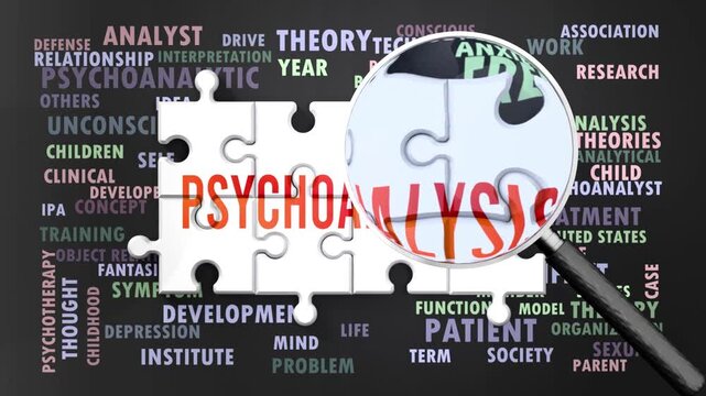 Psychoanalysis under magnifying glass, being researched, studied and examined. Most important subjects and ideas closely related to psychoanalysis written around a puzzle.Can be looped.
