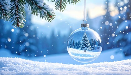 Christmas tree branch with balls in the winter forest.