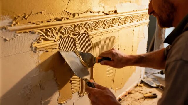 Medium shot illustrating the application process of a knockdown drywall texture with tools shaping intricate decorative wall patterns in a home renovation.