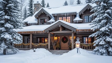 Cozy rustic log cabin nestled in deep winter snow surrounded by frosted evergreen trees and holiday lights