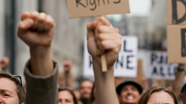 Raised fist and individual holding a cardboard banner declaring universal equality and civil liberty. 