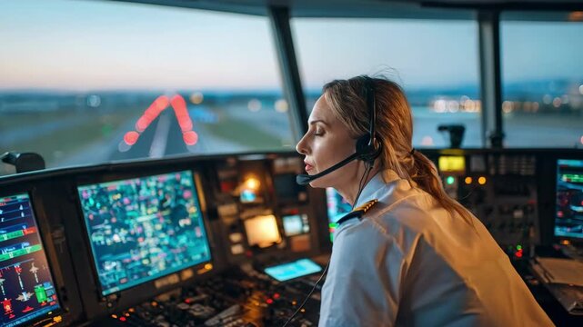 Medium shot of an air traffic controller monitoring digital screens displaying AIpowered predictive flight path optimizations in a modern control tower.