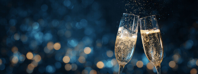 New year's background with champagne glasses clinking, sparkling lights, and a bokeh effect on a dark blue banner.