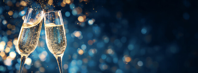 New year's background with champagne glasses clinking, sparkling lights, and a bokeh effect on a dark blue banner.