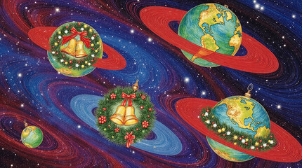 Christmas themed universe with planets decorated with wreaths and bells.