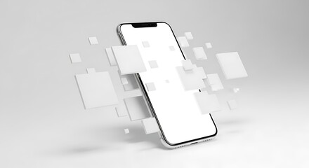 Modern smartphone mockup with blank white screen and floating app icons isolated on white background, showcasing sleek design and user interface