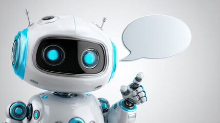Friendly white and blue robot character presents a blank speech bubble for communication
