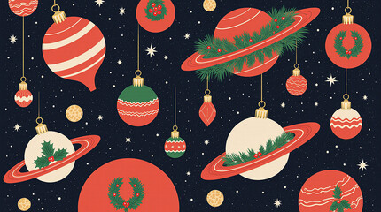 Christmas themed universe with planet ornaments and pine wreaths.
