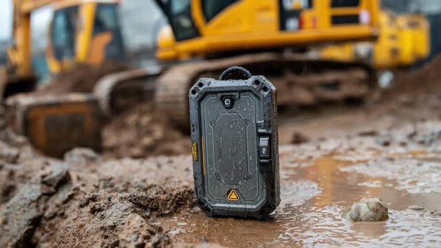 Closeup medium shot of a waterproof pager casing in a construction site environment emphasizing shock resistance and secure latch mechanisms amid heavy machinery.