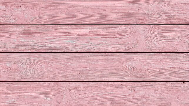 Horizontal close-up view of weathered, painted wooden planks. Light pink color with visible wood grain and texture