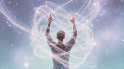 A man connecting with cosmic energy and universal consciousness.