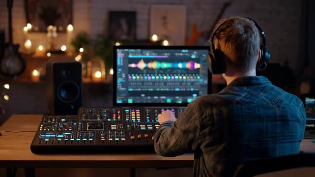 Medium shot of a music producer using usercontrolled automated mixing tools with customizable settings to finetune vocal and instrument levels in a creative workspace.