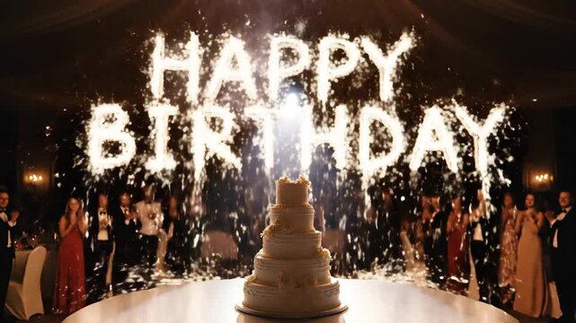 A large white birthday cake sits on a table surrounded by formally dressed people with a sparkler sign reading 'HAPPY BIRTHDAY' in a dark room with a joyful and celebratory mood.