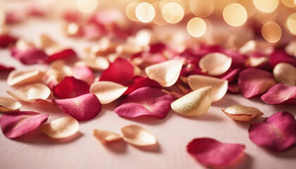 Luxury Pink and Gold Rose Petals with Golden Bokeh Background.