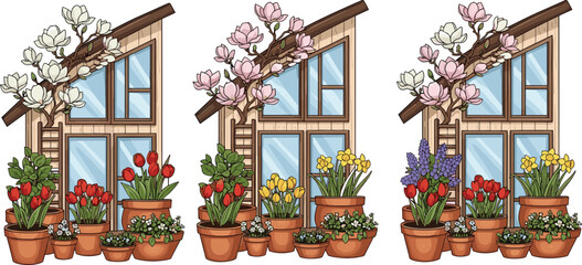 Spot the difference greenhouse garden with spring flowers, magnolia blossoms, terracotta pots, and colorful tulips for children’s activity design. © Rayhan