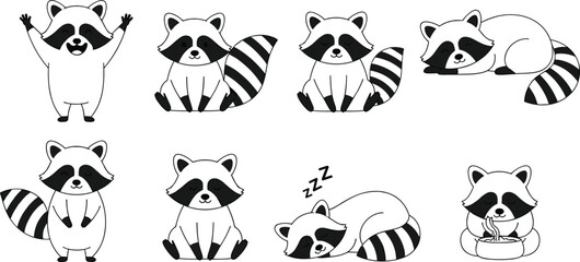 Cartoon raccoon character set in various cute poses, emotions, and activities for children&rsquo;s books, stickers, and educational design.