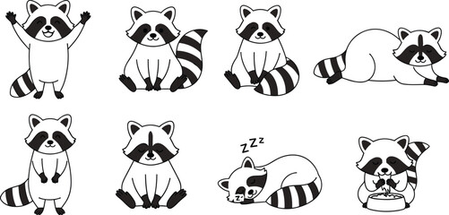 Cartoon raccoon character set in various poses and activities including eating, sleeping, sitting, standing, and playful expressive gestures. © Rayhan