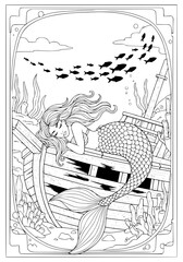 A mermaid sleeps on the wreckage of a sailing ship. coloring book