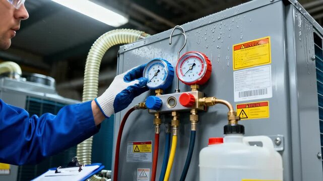 Closeup of a maintenance worker inspecting coolant levels and pressure gauges on a large HVAC system to prevent overheating and improve performance.