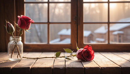 Cozy winter morning with romantic red roses by the window.