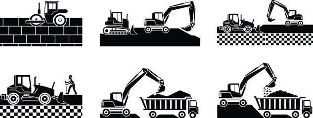 Construction machinery silhouette icon set showing excavators, graders, bulldozers, dump trucks, and rollers in roadwork and earthmoving operations © Rayhan