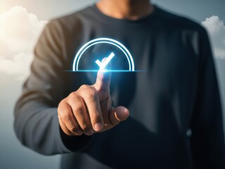 A person interacting with a digital interface with a checkmark on a touchscreen