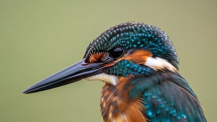 Extreme close up portrait captures the vibrant iridescent plumage and sharp beak of a common kingfisher bird
