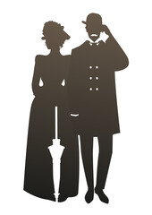 Victorian Era Couple Silhouettes isolated on white background. Classic figures standing together for historical themes, literature, romance, vintage design