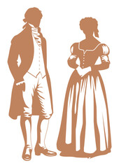 Victorian Era Couple Silhouettes isolated on white background. Classic figures standing together for historical themes, literature, romance, vintage design