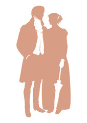 Victorian Era Couple Silhouettes isolated on white background. Classic figures standing together for historical themes, literature, romance, vintage design