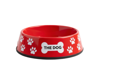 single, empty, vibrant red plastic dog bowl with 'the dog' bone logo and white paw prints, sharp focus on a transparent studio background and copy space, professional pet advertising concept