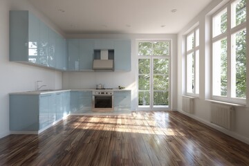 Obraz premium Modern kitchen interior features light blue cabinetry and expansive windows opening to greenery