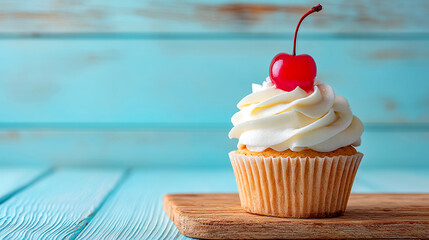 Vanilla cupcake with white frosting and cherry on wooden board