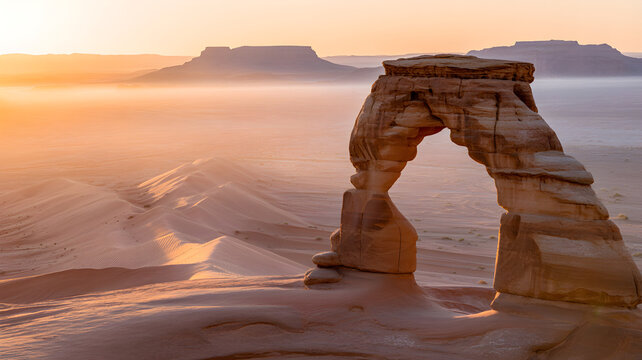 Majestic alula elephant rock at sunrise in saudi desert