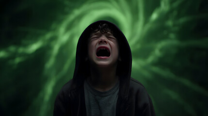 Young man screaming with green swirling background