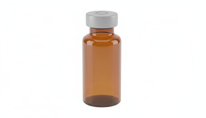 Amber medical vial with round silver seal cap standing on clean white background