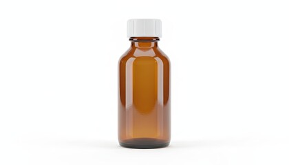 Medicine bottle brown glass with white cap on bright white background
