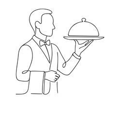 Elegant Black and White Line Drawing of a Waiter Serving Food on a Platter with a Napkin