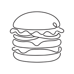 Minimalist Single Line Art Drawing of a Delicious Stacked Hamburger with Cheese and Lettuce