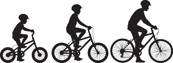 Growing up on two wheels: a silhouette of cycling progression Vector, illustration