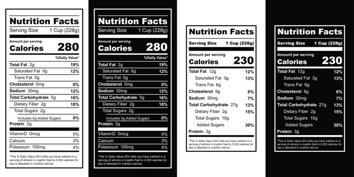 Nutrition facts label detailing a 1 cup serving with 280 calories and minimal fat