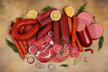 Delicious, aromatic appetizers of various salamis for the holidays. A selection of various smoked and dry-cured sausages and spices on a kitchen background. Advertising and menu for a store,